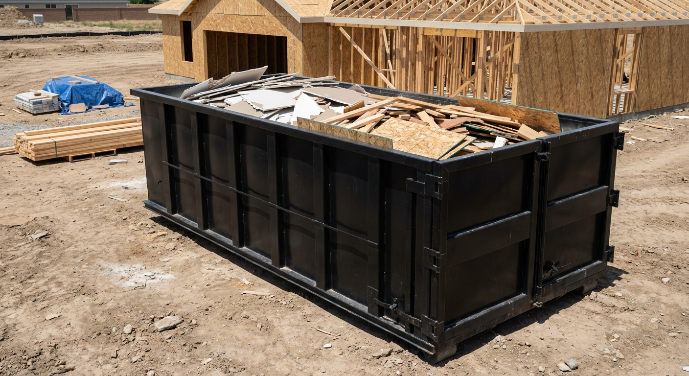 Matte-black 30-yard roll-off construction dumpster sitting directly on the compacted-dirt site of a framed single-family home build in Vineland, drywall and lumber scrap loaded inside.