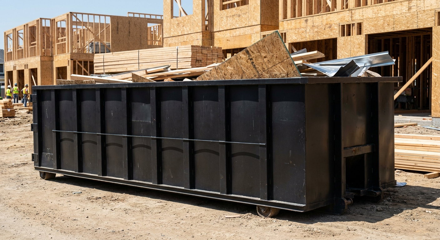 Matte-black 40-yard roll-off construction dumpster being lowered from a white-cab hooklift delivery truck onto the compacted-dirt jobsite at a commercial build site in Vineland