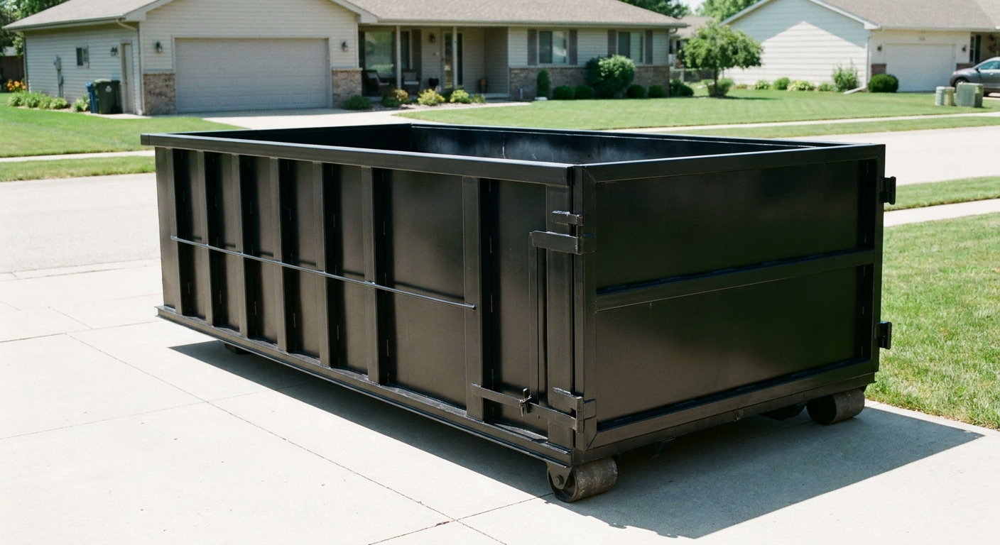 Matte-black 10-yard roll-off dumpster on a residential concrete driveway in Vineland, uniformly painted matte black across every panel and rail, ribbed steel sidewalls and rear swing door visible, mid-day daylight.