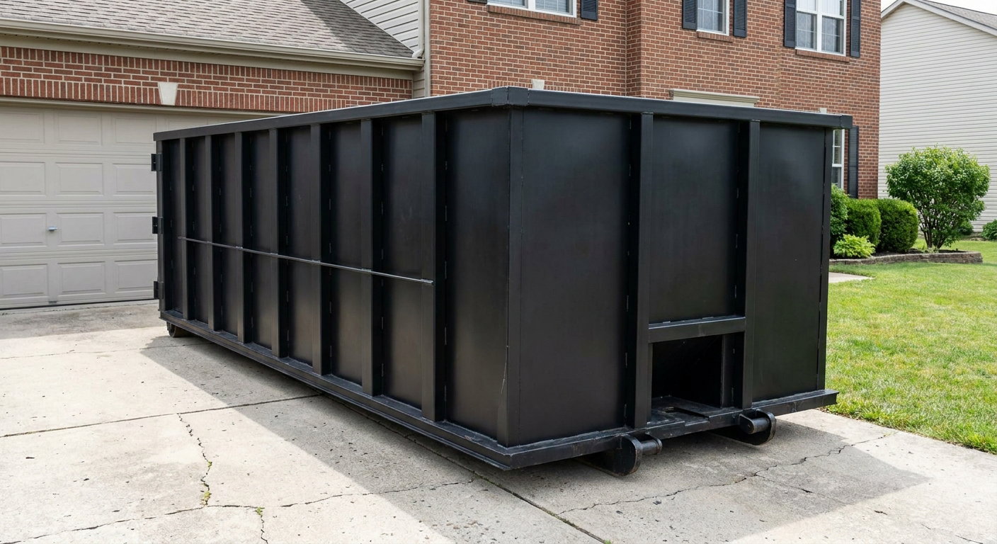 Matte-black 20-yard roll-off container on a Vineland residential concrete driveway with reinforced ribbed steel sidewalls and a hinged rear walk-in door, clean bright daylight.