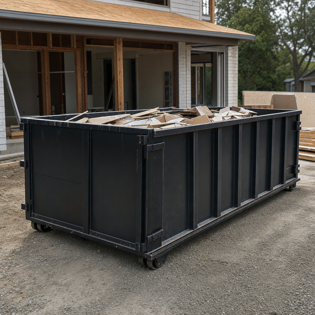 Large matte-black 30-yard construction roll-off dumpster at an active Vineland jobsite, steel-gray top rails and bottom rollers visible, loaded with construction debris.