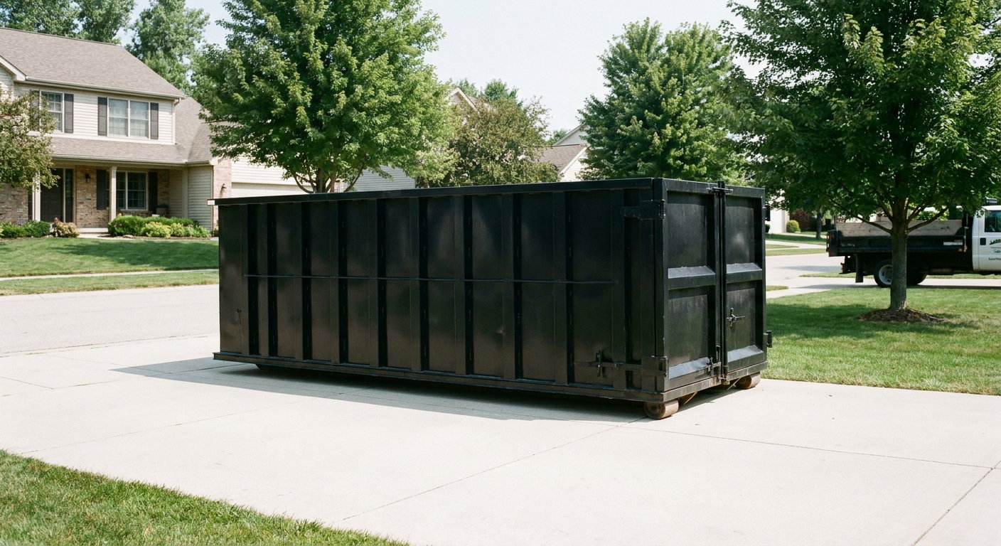 Matte-black 20-yard roll-off dumpster sitting level on a clean Vineland residential concrete driveway under bright daylight, demonstrating clean placement directly on the concrete.