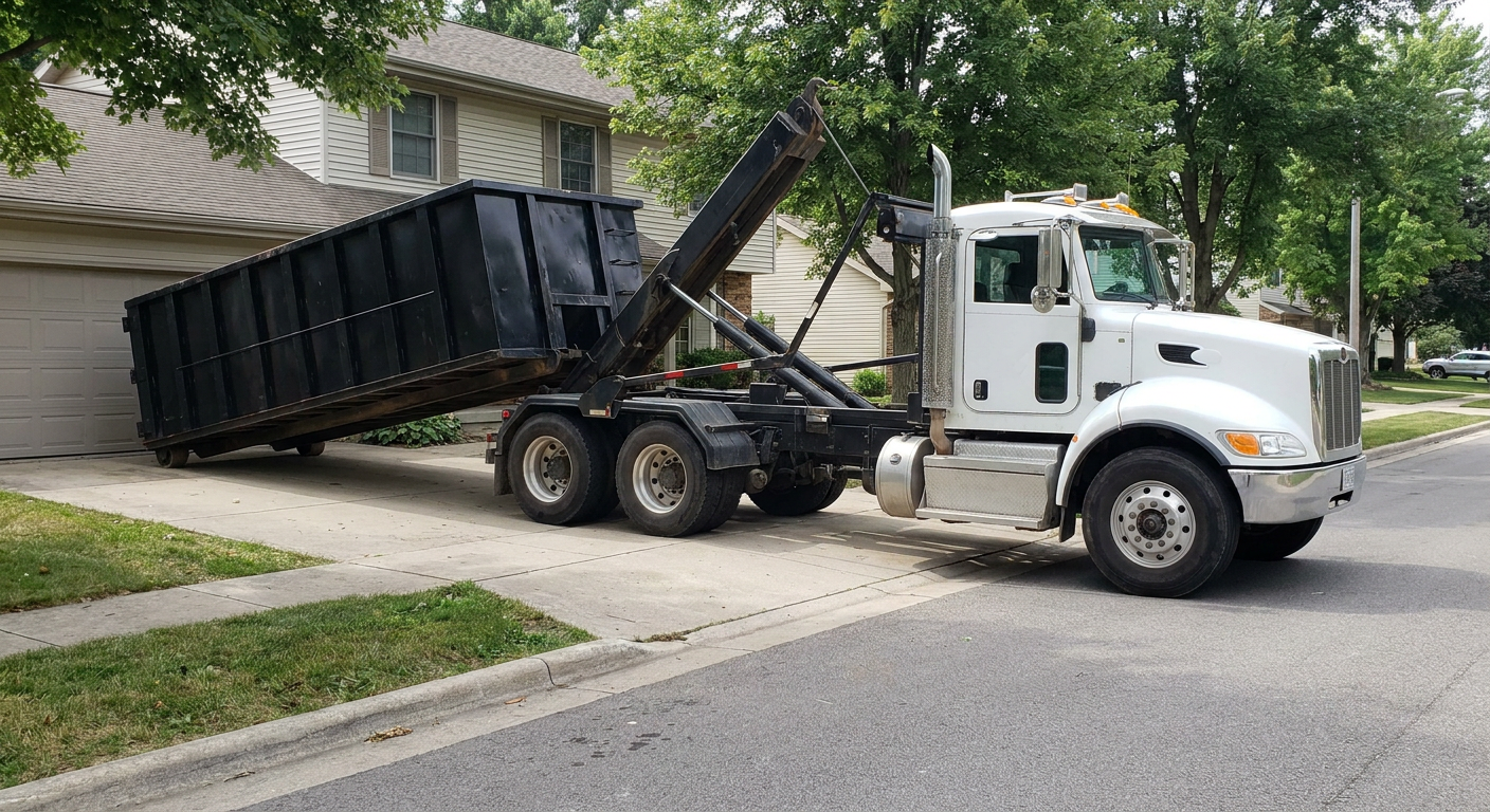White-cab hooklift roll-off truck actively lowering a matte-black dumpster onto a Vineland residential concrete driveway, the dumpster's rear wheels touching the driveway as the hoist arm tilts the bed forward, mid-morning daylight.