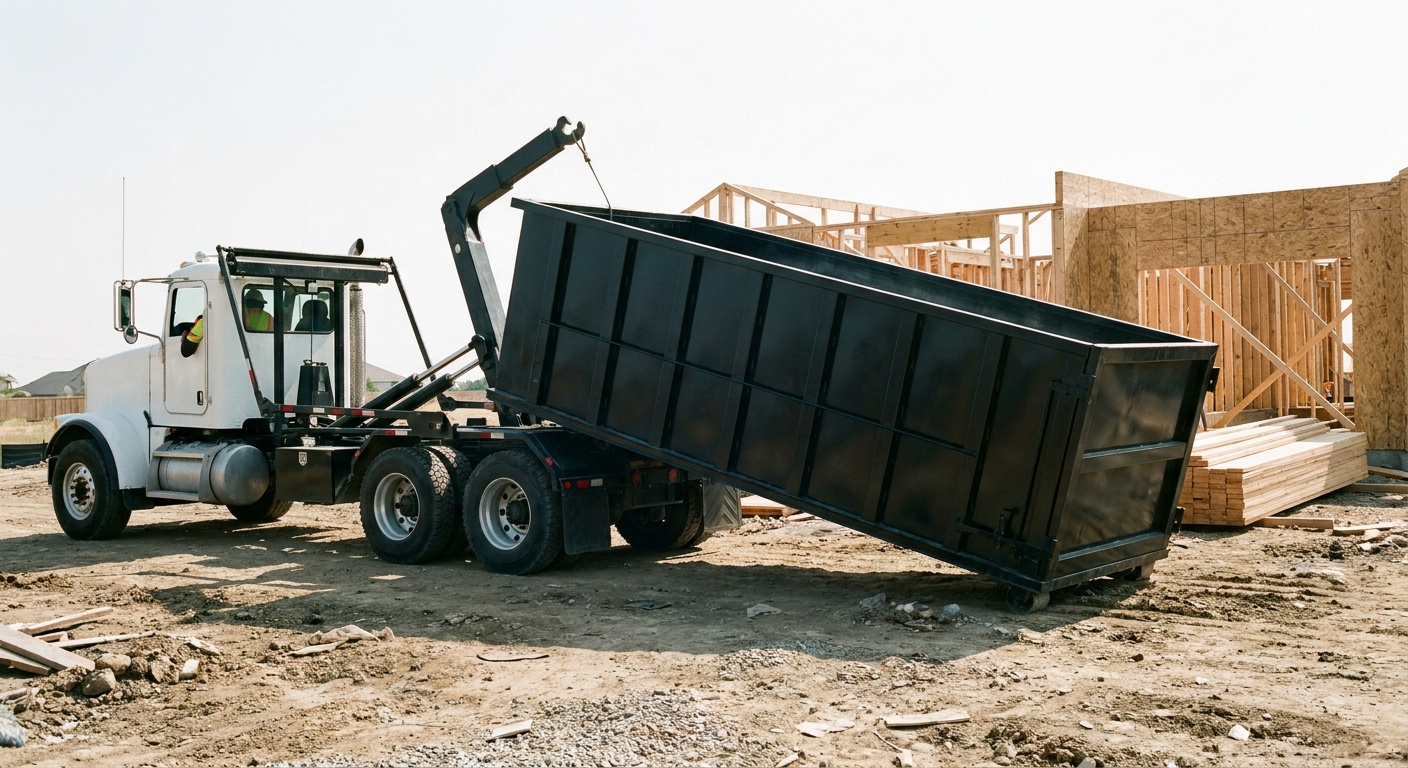 Matte-black roll-off dumpster being delivered onto a clean residential concrete driveway in Vineland by an unmarked white hooklift hauler truck, bright morning daylight, documentary 35mm perspective.