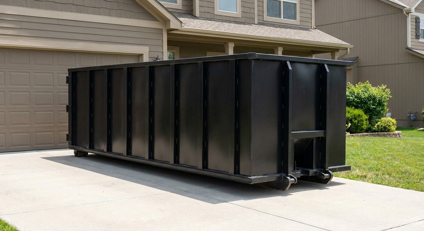 Matte-black residential roll-off dumpster sitting directly on a suburban Vineland concrete driveway, garage door closed, single-family home in background, bright morning daylight.