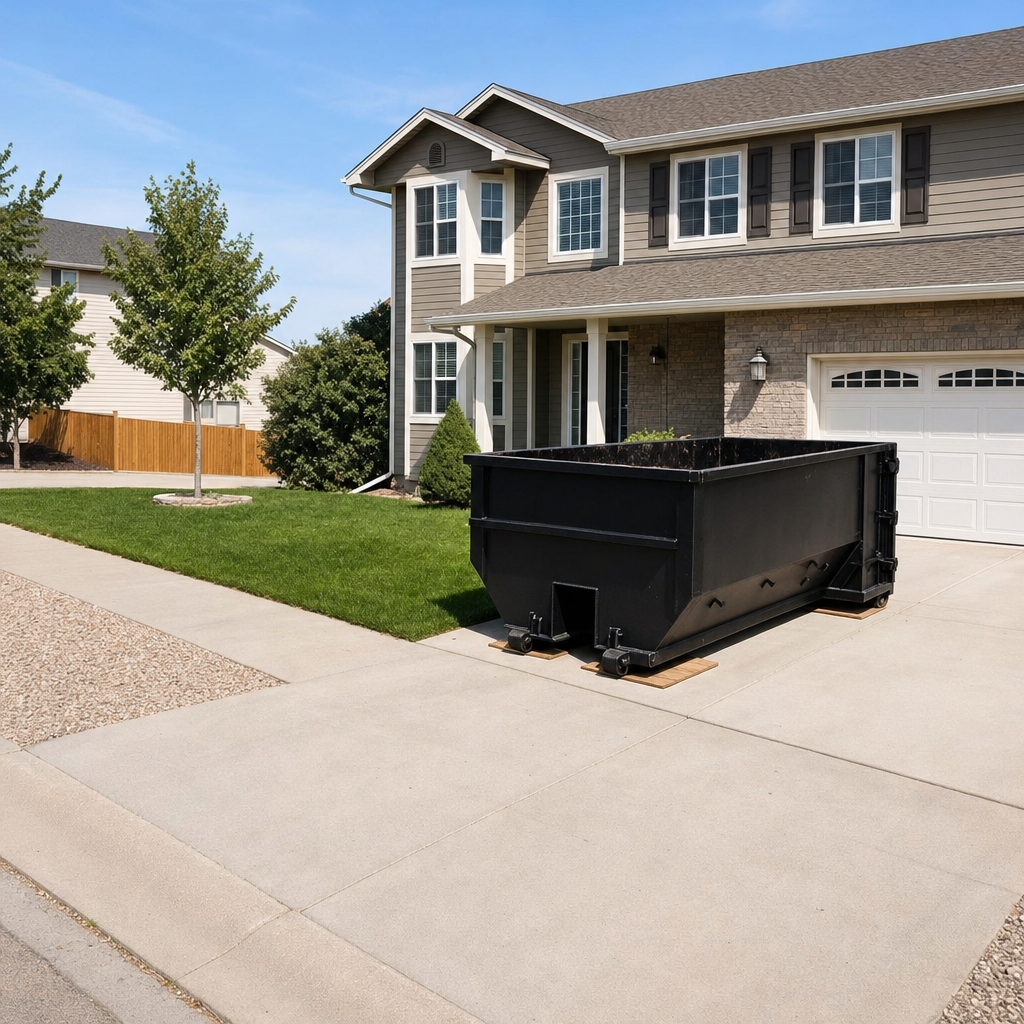 10-yard matte-black residential dumpster placed directly on a narrow Vineland concrete driveway, room remains for a parked sedan beside it, mid-morning natural light