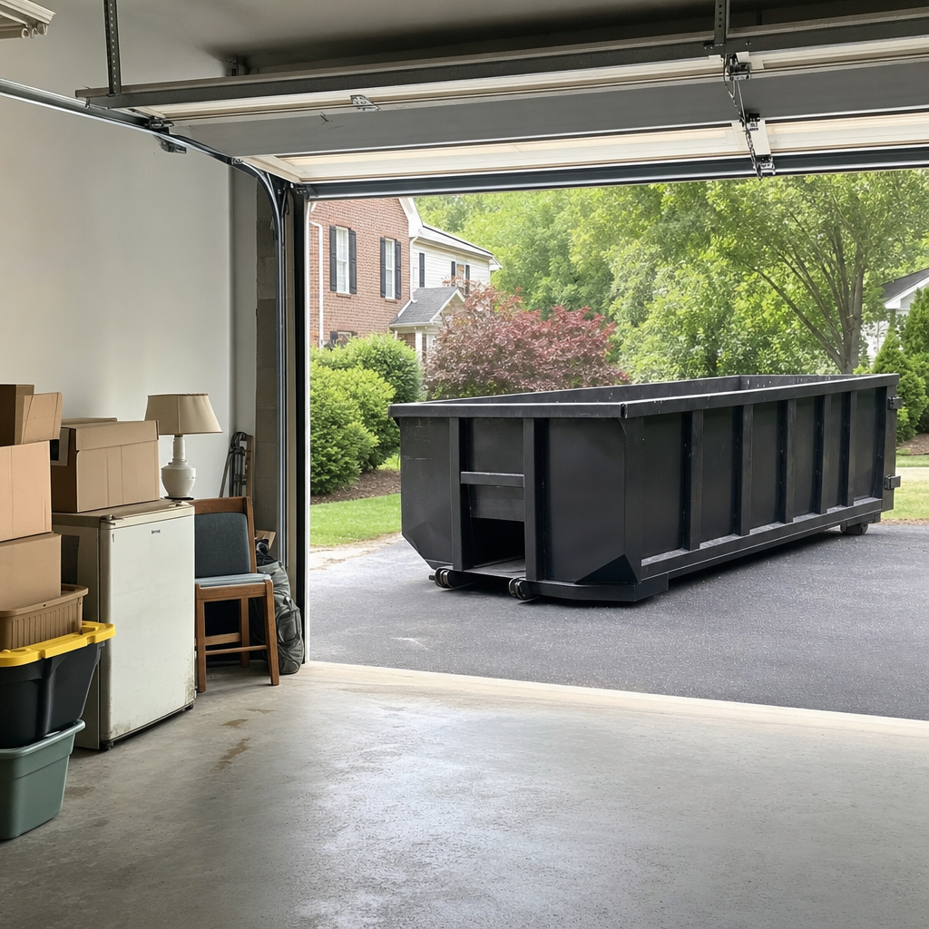 Open garage interior in a Vineland home mid-cleanout — boxed items, an old appliance, and stacked yard tools queued near the driveway for a matte-black roll-off dumpster, organized and calm