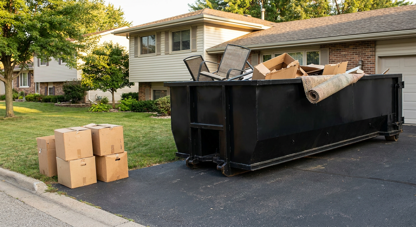 Front-yard view of a Vineland split-level home with a 20-yard matte-black roll-off dumpster sitting directly on the asphalt driveway, a few clearly labeled donation boxes staged at the curb, calm sunny afternoon.