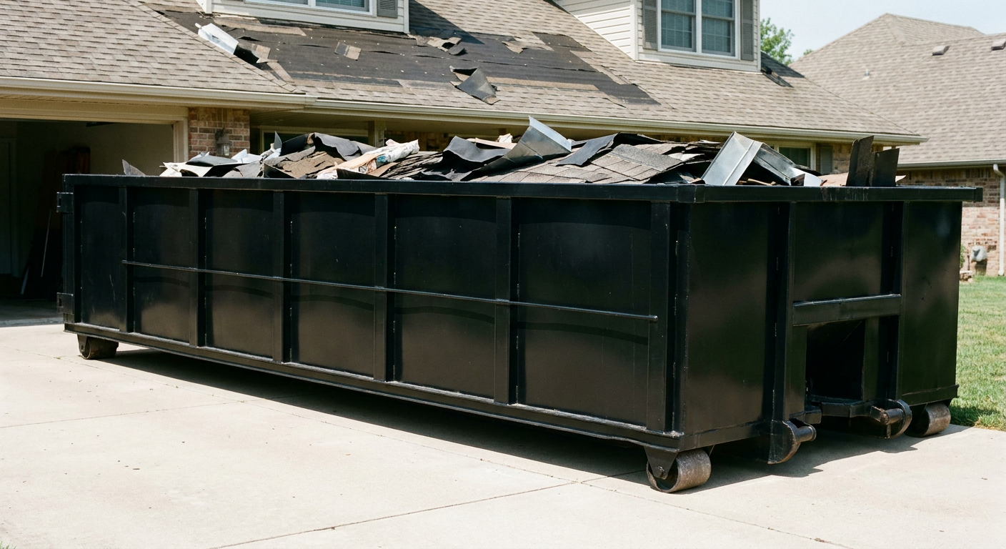 Matte-black 20-yard roofing roll-off dumpster with steel ribbed sides and swinging rear door, sitting directly on the concrete driveway of a two-story Vineland home, asphalt shingle debris being loaded over the low wall, clean documentary lighting.