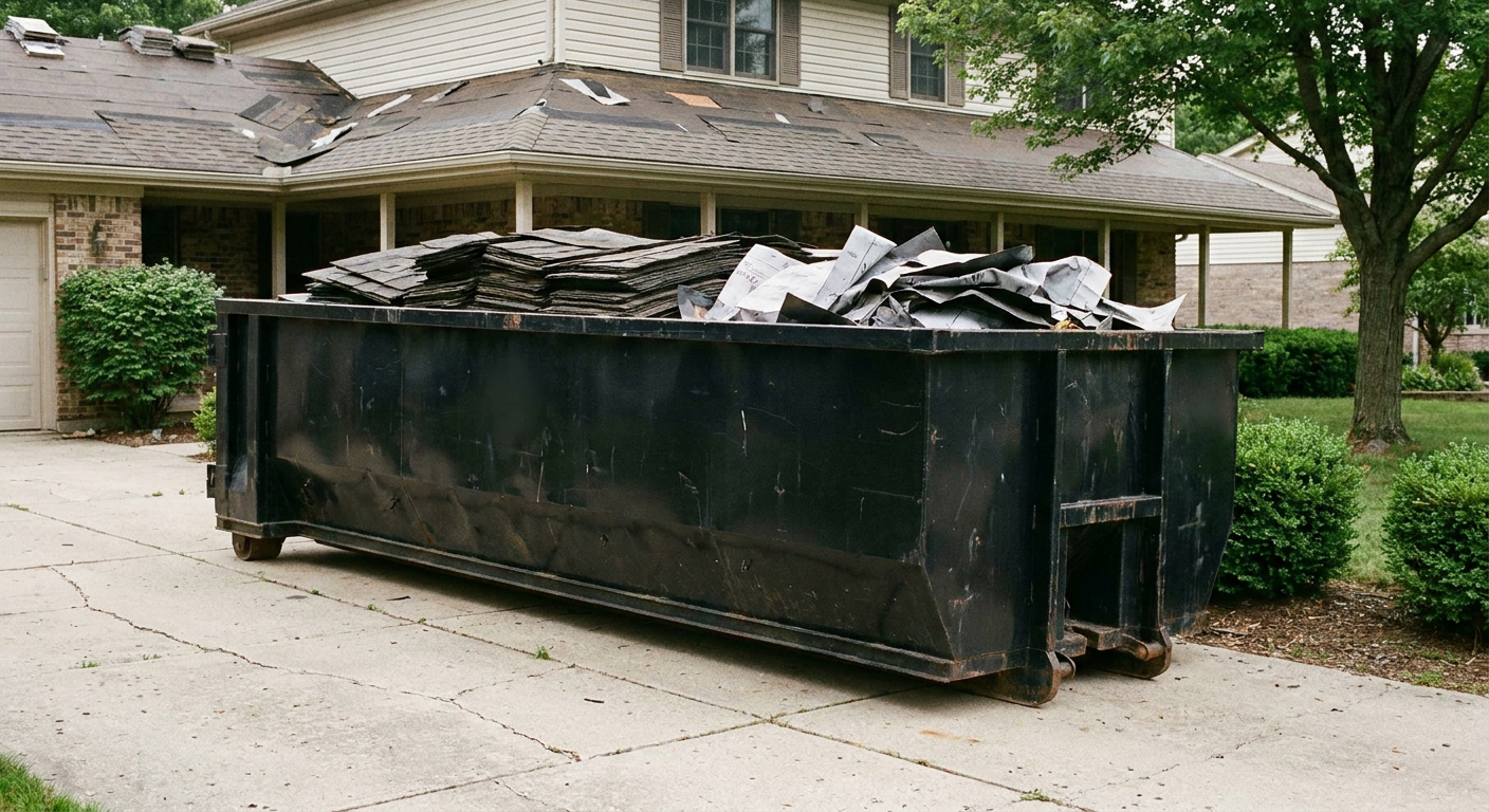 Matte-black 30-yard roofing roll-off dumpster sitting directly on a Vineland concrete driveway, taller ribbed steel side panels, mixed tear-off debris of asphalt shingles and underlayment inside, professional documentary daylight.