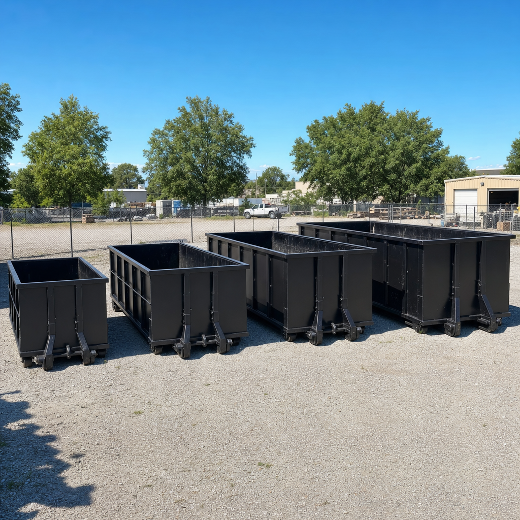 A clean lineup of matte-black roll-off dumpsters in 10, 20, 30, and 40-yard sizes staged on a sunlit gravel yard in Vineland, showing the size progression from compact to commercial-scale containers.