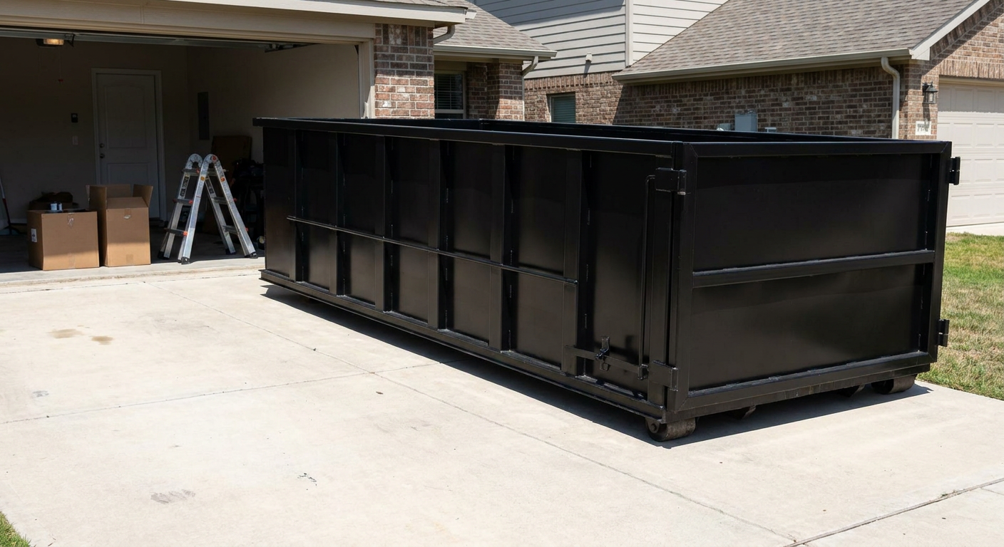 A matte-black 10-yard roll-off dumpster sitting directly on a residential Vineland concrete driveway, mid-day sunlight, clean and ready for a garage cleanout.