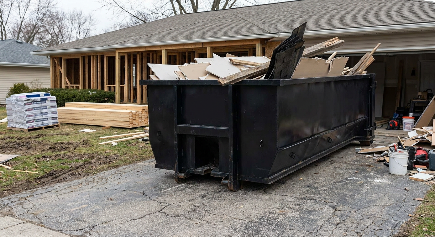 A matte-black 20-yard roll-off dumpster placed alongside a mid-renovation Vineland home directly on the asphalt driveway, with framing materials and torn-off shingles staged neatly nearby.