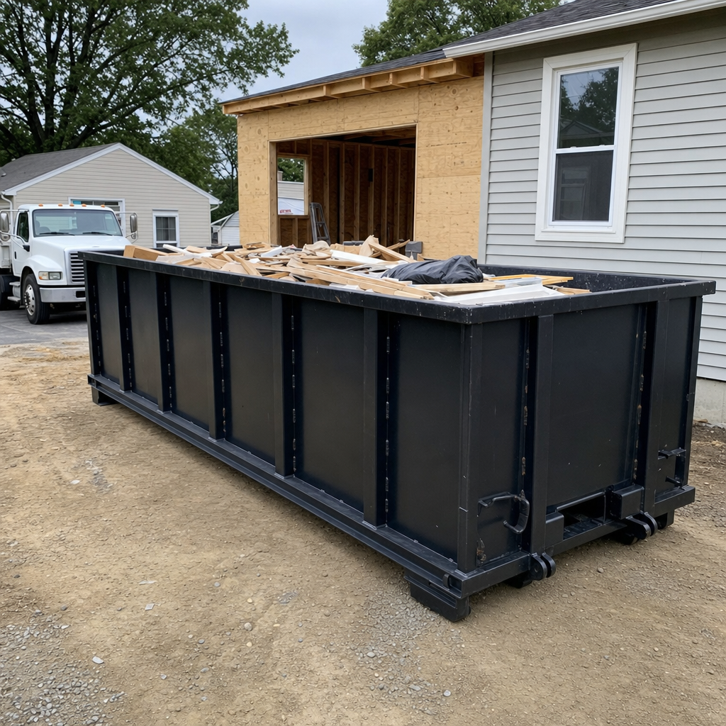 A matte-black 30-yard roll-off dumpster positioned at a Vineland residential addition jobsite, with framing lumber and drywall scraps loaded through the open swinging rear doors.