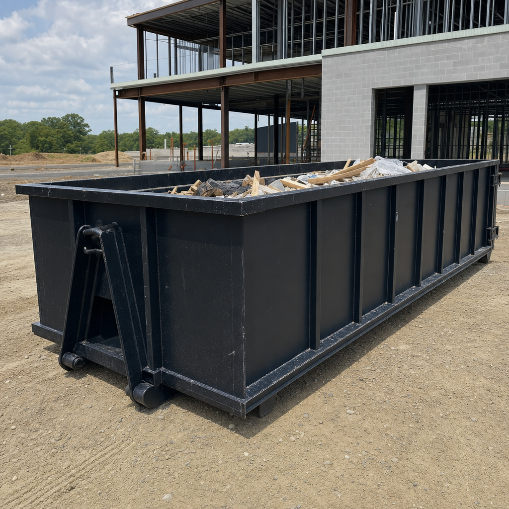 A matte-black 40-yard roll-off dumpster staged on a large Vineland commercial construction lot, with a hooklift delivery truck parked alongside under bright midday sky.