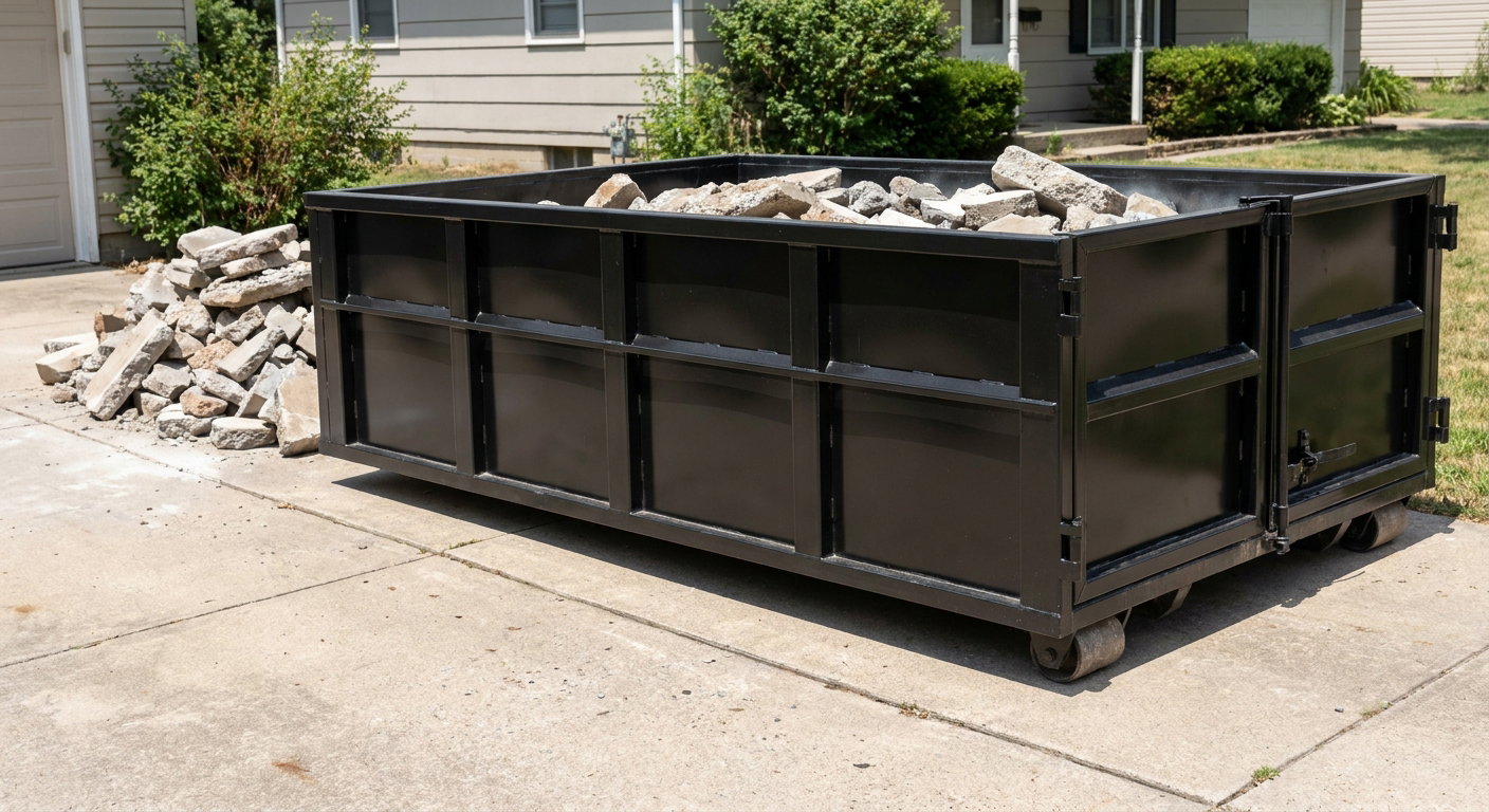 A matte-black low-side heavy-debris roll-off dumpster placed directly on a Vineland concrete driveway, with broken concrete chunks neatly stacked beside it under clean daylight.